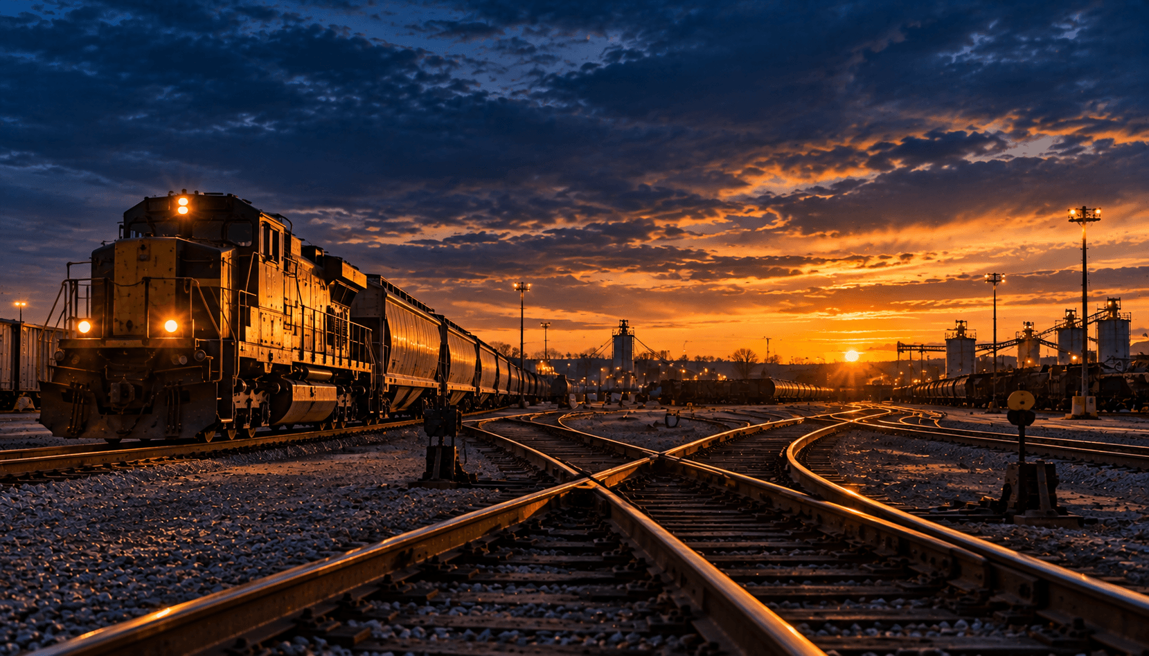 A locomotive and converging tracks at an Alleanza Rail yard at golden dusk