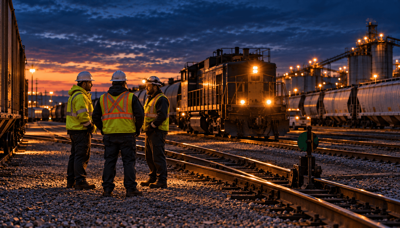 Alleanza Rail crew in hi-vis at an industrial rail yard at dusk