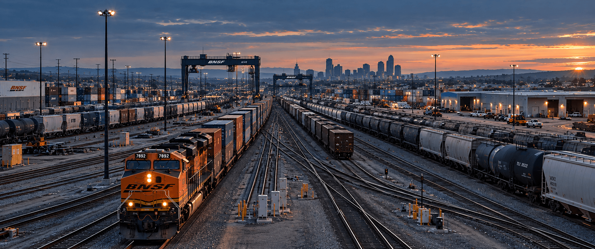 Freight rail yard at dusk